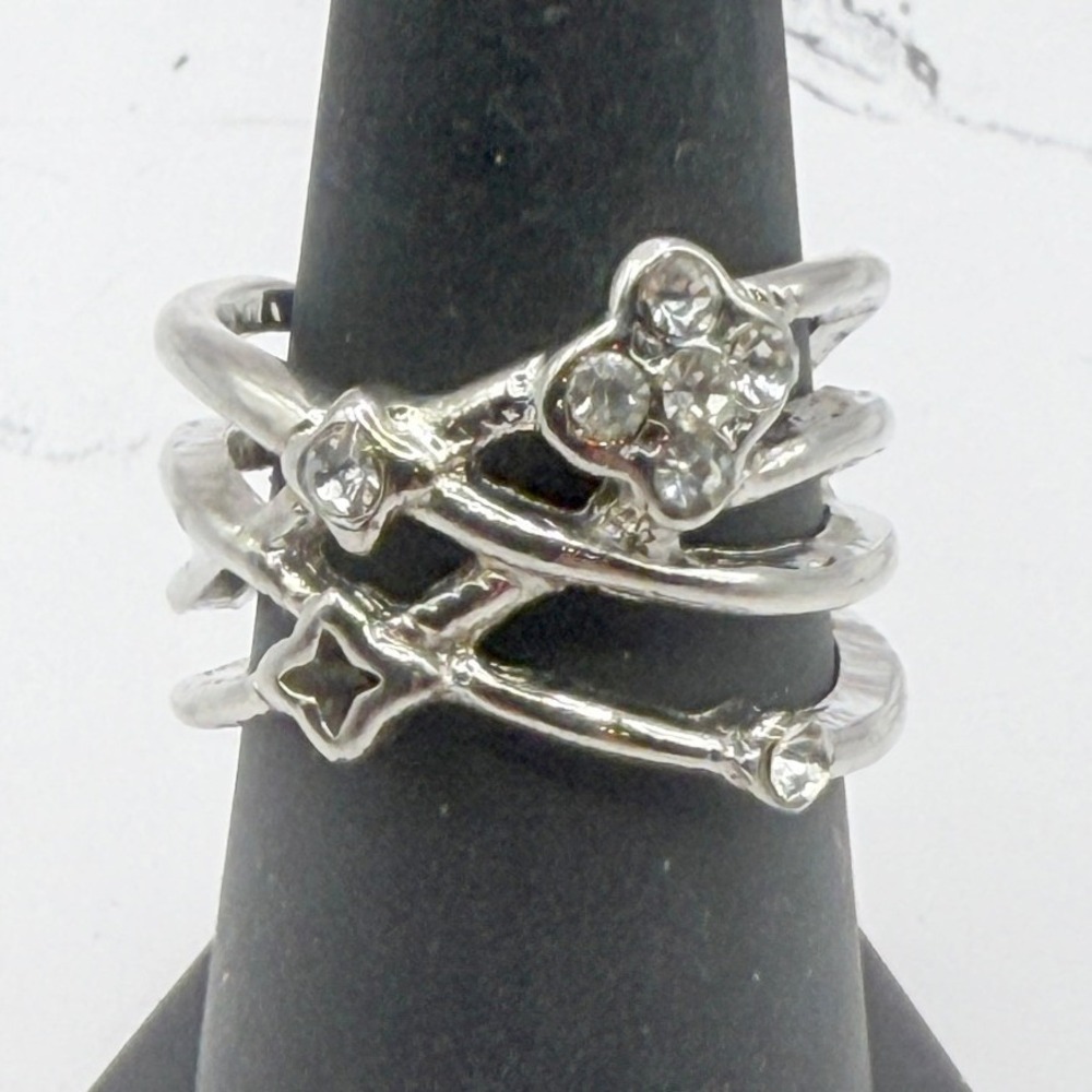 Silver Tone Wrap‎ Ring Size 8 Floral Cluster Clear Rhinestone Band